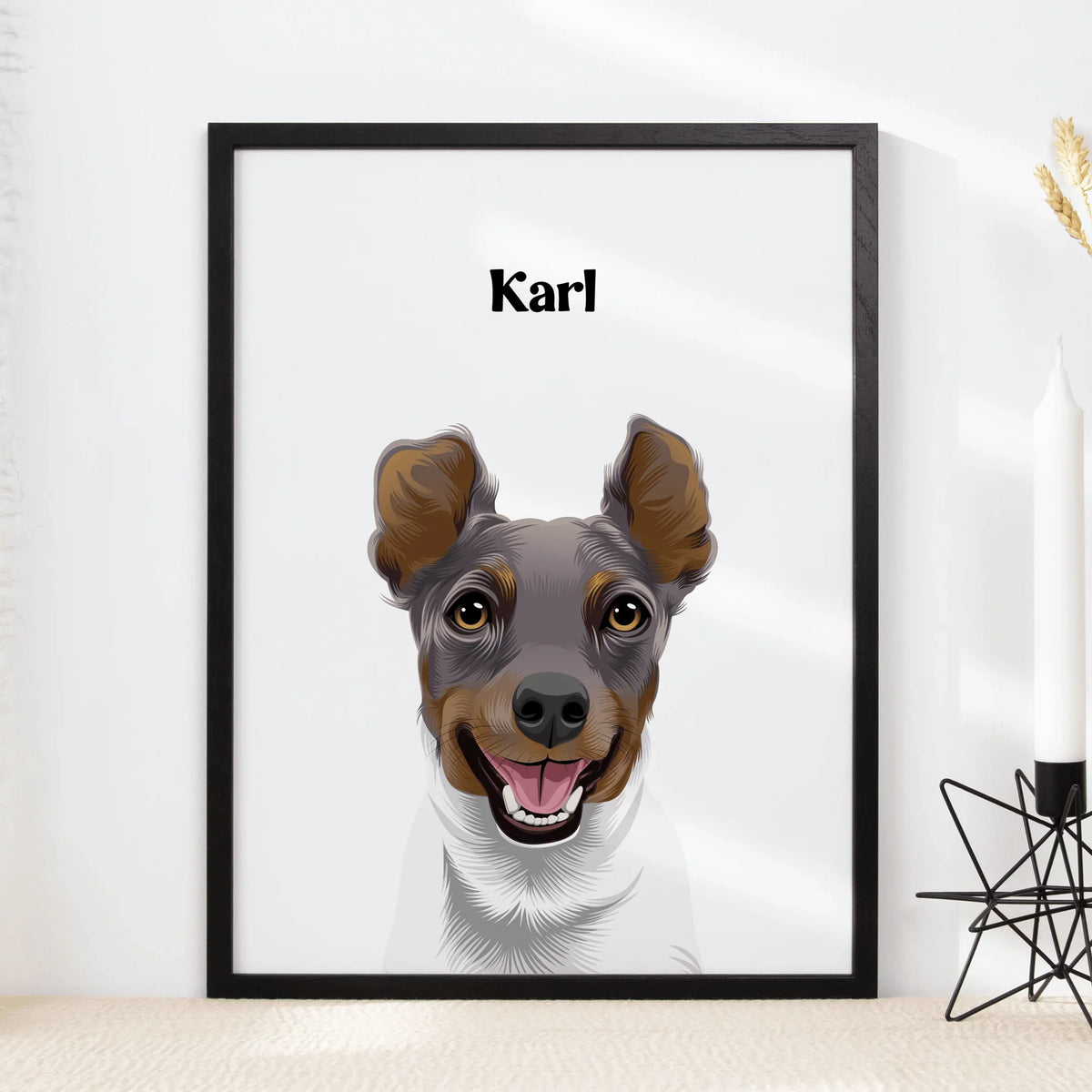 Framed custom vector pet portrait illustration of a happy terrier named Karl.