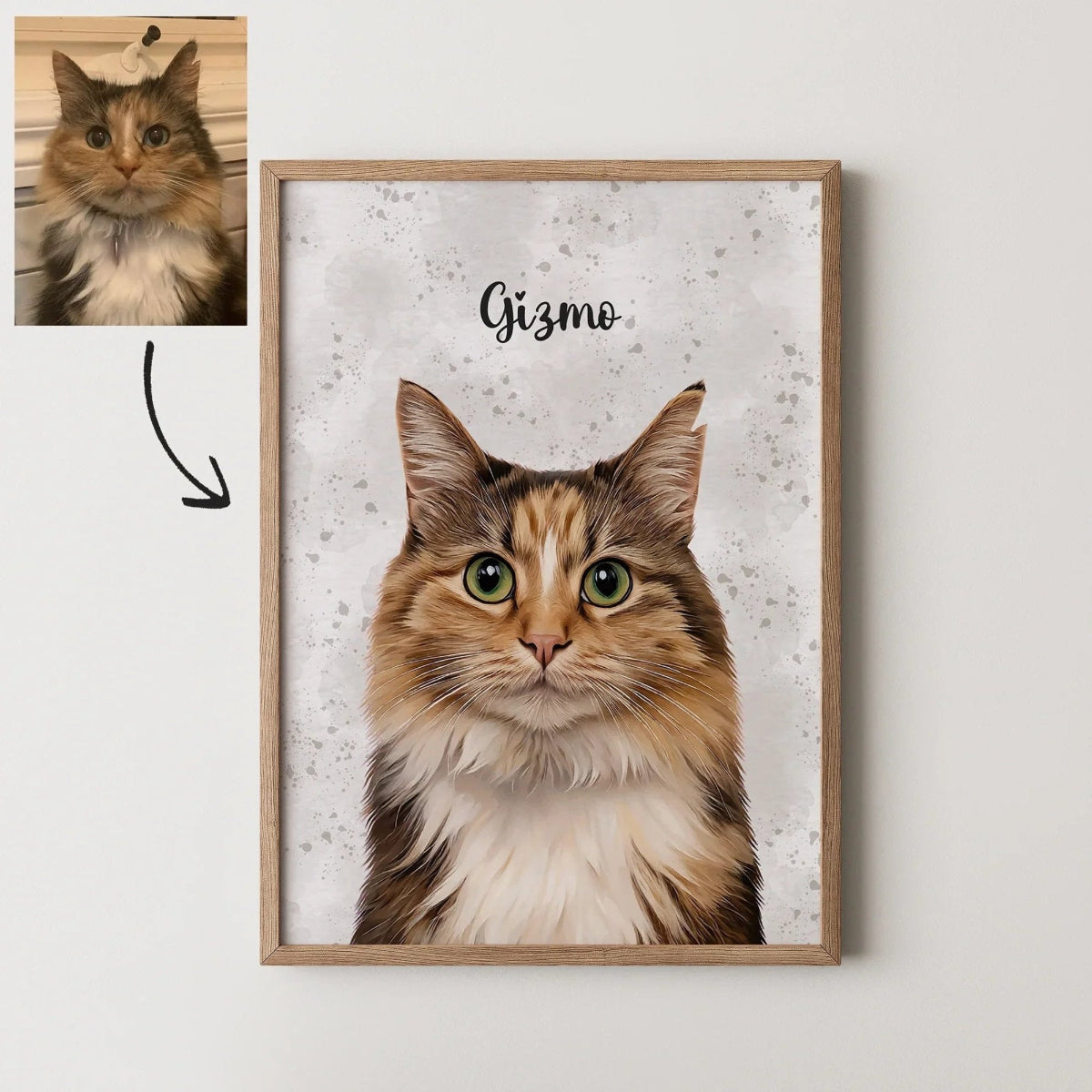 Original cat photo converted to custom watercolour cat portrait named Gizmo in oak frame
