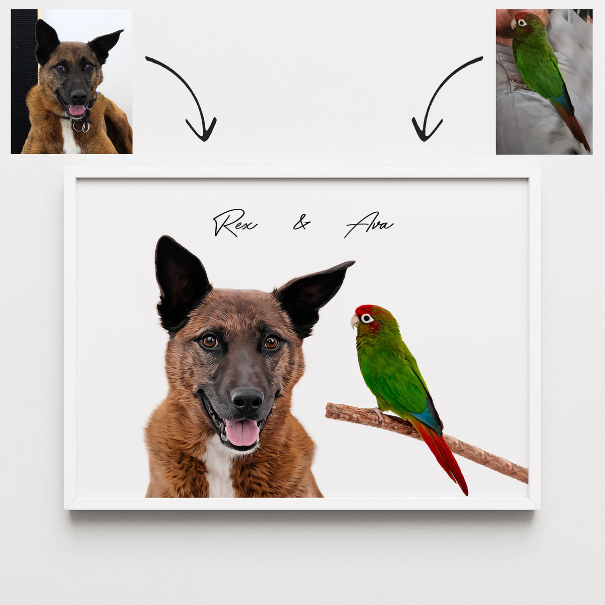 Realistic horizontal pet portrait featuring a brown dog and green parrot with reference photos.