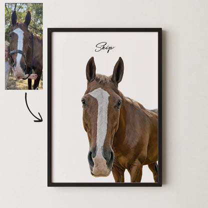 Custom realistic brown horse portrait framed on wall with photo reference comparison.