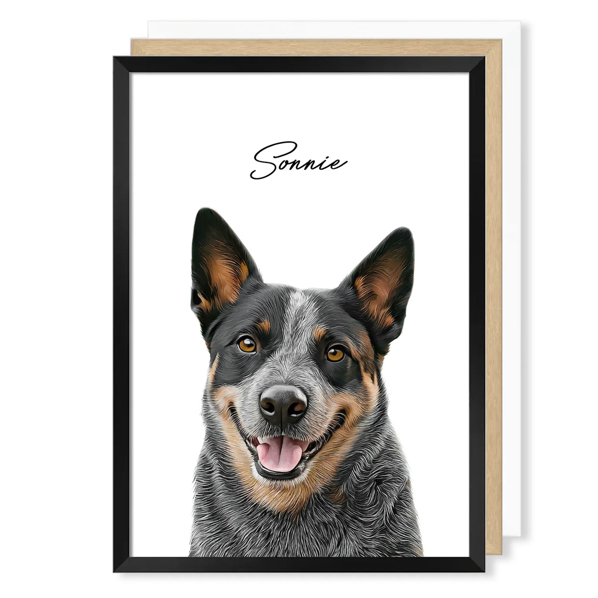 Blue Heeler realistic pet portrait artwork displayed with black, natural timber, and white frame options.