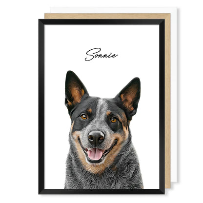 Blue Heeler realistic pet portrait artwork displayed with black, natural timber, and white frame options.