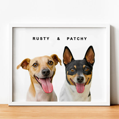 White framed custom realistic pet portrait featuring two small dogs named Rusty and Patchy.