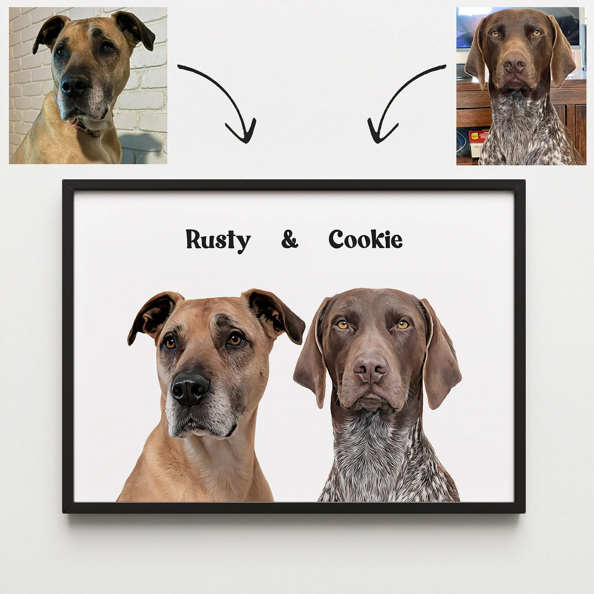 Framed landscape custom realistic pet portrait of two dogs named Rusty and Cookie