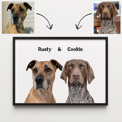Framed landscape custom realistic pet portrait of two dogs named Rusty and Cookie