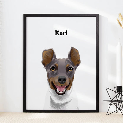 Framed custom vector pet portrait illustration of a happy terrier named Karl.
