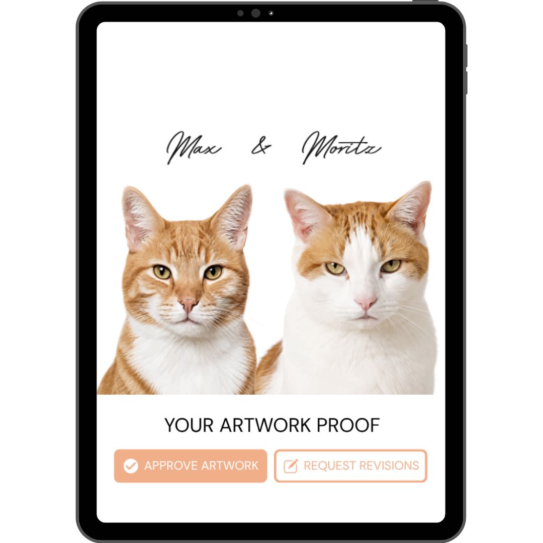 A tablet mockup showing a digital artwork proof of ginger cats Max and Moritz with options to approve or request revisions by Pets into Art.