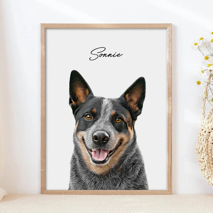 Custom realistic Blue Heeler dog portrait framed in light natural wood named Sonnie.