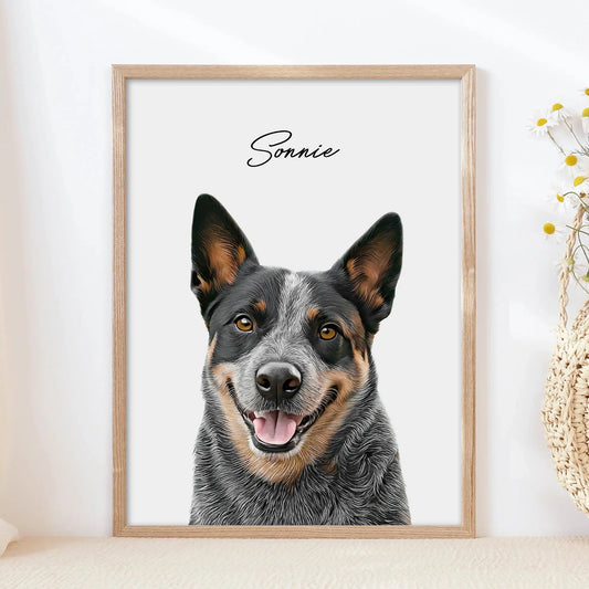 Custom realistic Blue Heeler dog portrait framed in light natural wood named Sonnie.