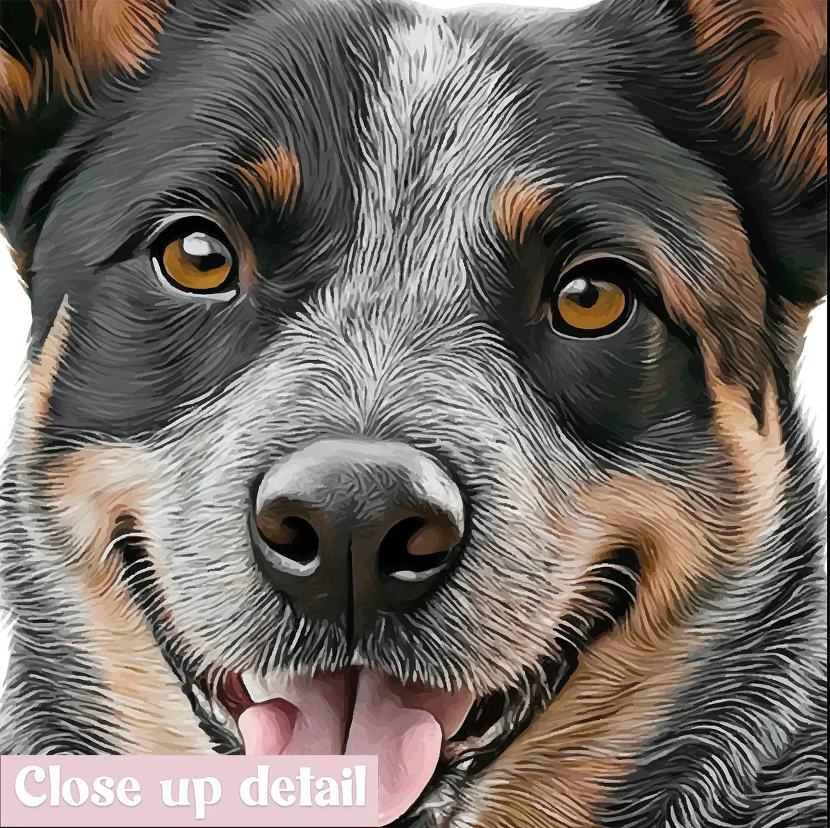 Close up detail showing realistic fur and eye textures of a custom Blue Heeler dog portrait.