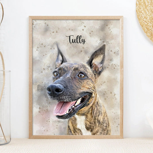 Custom watercolour dog portrait named Tully displayed in a natural oak frame